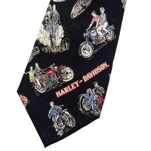 Harley Davidson x Nicole Miller Neck Tie Mens Black‎ Vintage Print 100% Silk Y2K